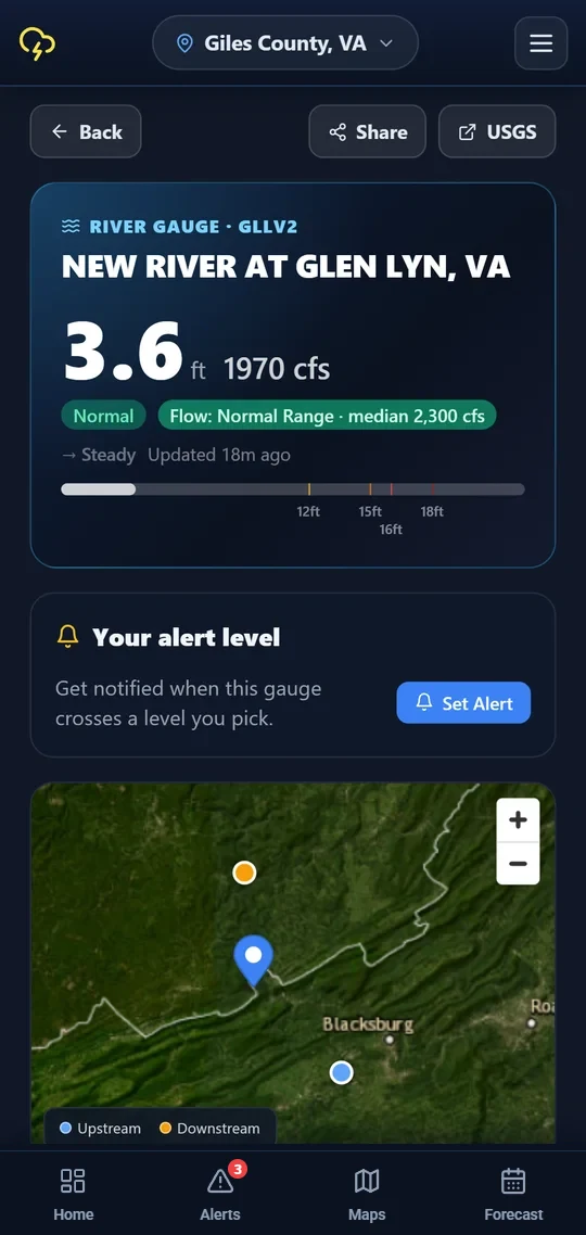 A river gauge in the StormCast app