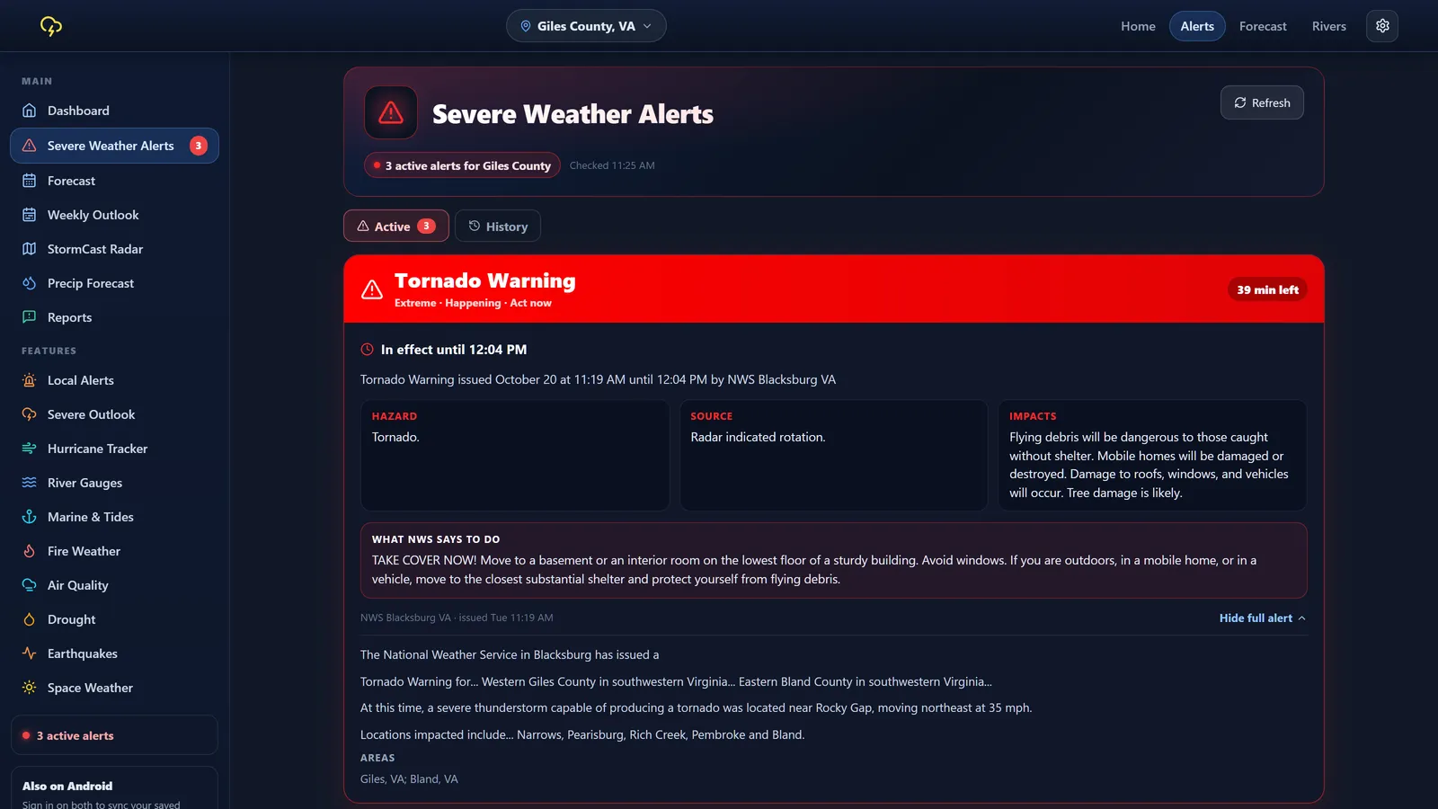 Severe weather alert details with what to do