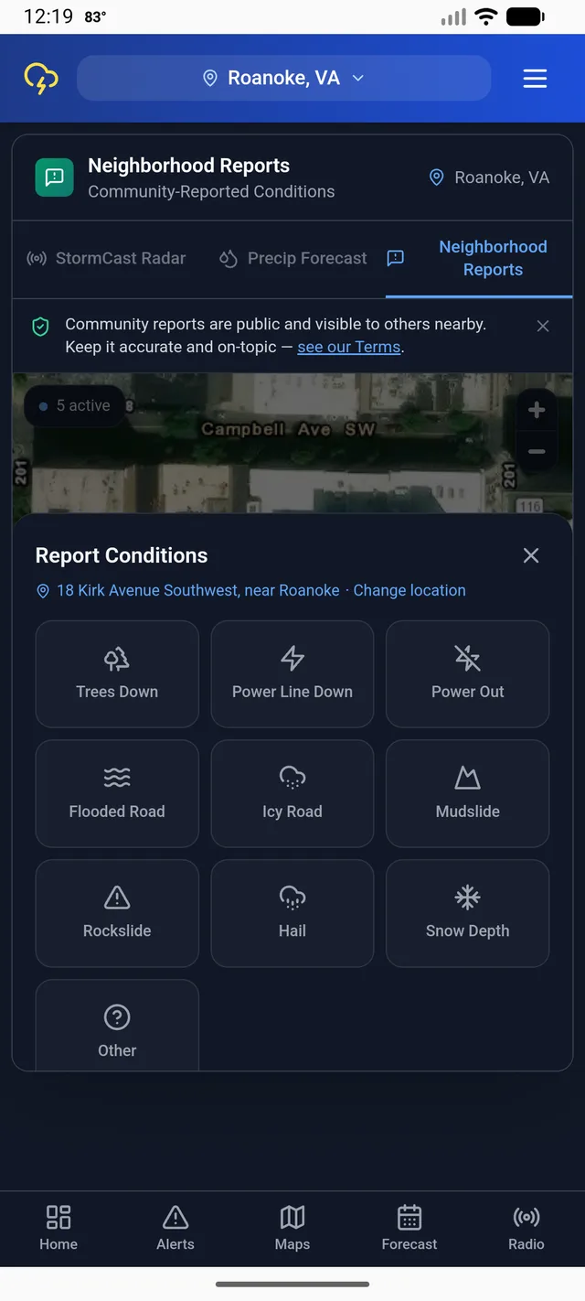 StormCast report category picker showing Trees Down, Power Line Down, Power Out, Flooded Road, Icy Road, Mudslide, Rockslide, Hail, and Snow Depth options