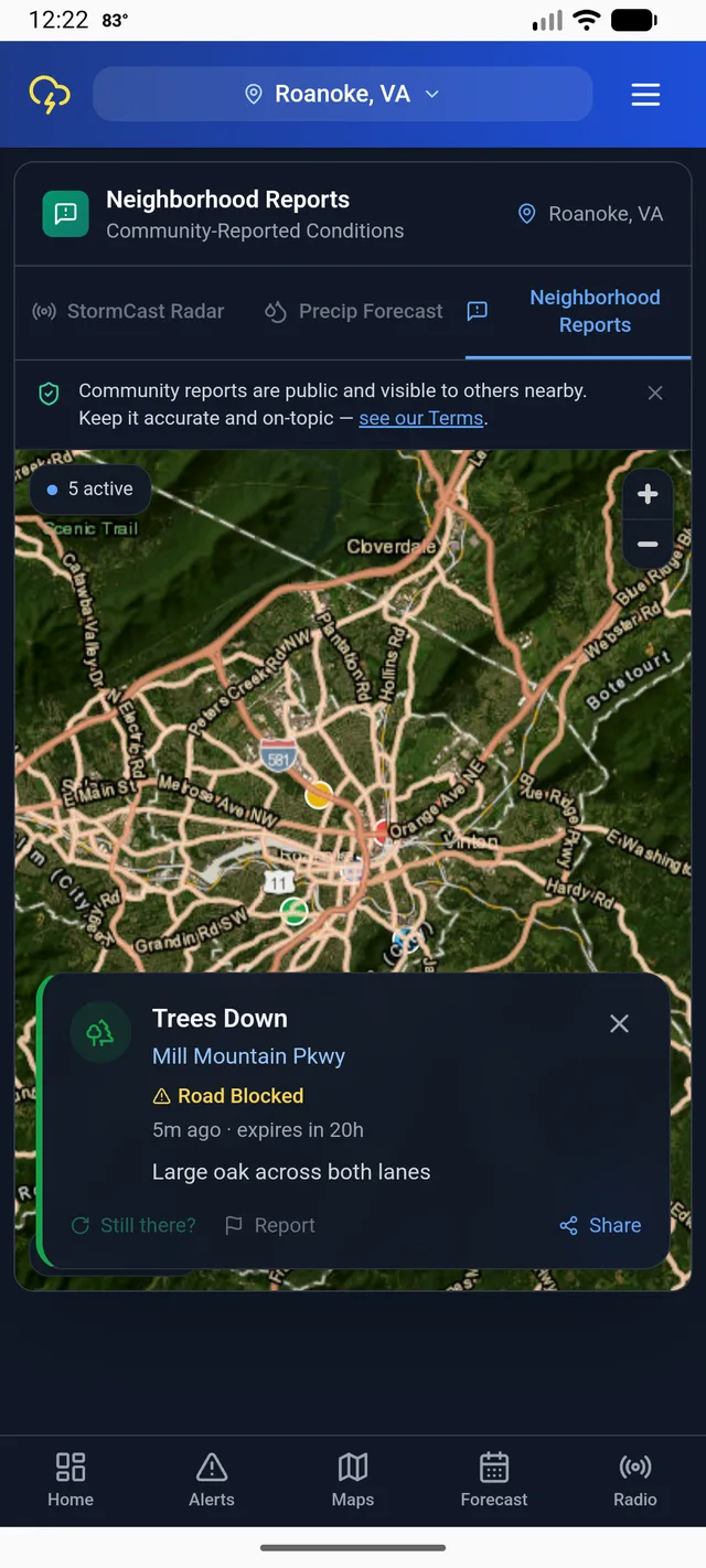 StormCast report detail popup for a Trees Down report showing 'Large oak across both lanes', when it was posted, when it expires, and Still there / Report / Share actions