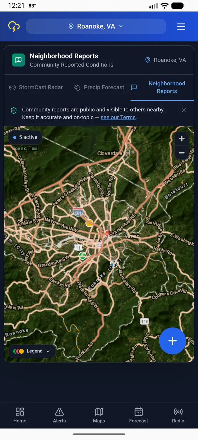 StormCast Neighborhood Reports map showing color-coded pins for trees down, power lines down, flooded roads, power outages, and hail near Roanoke, VA