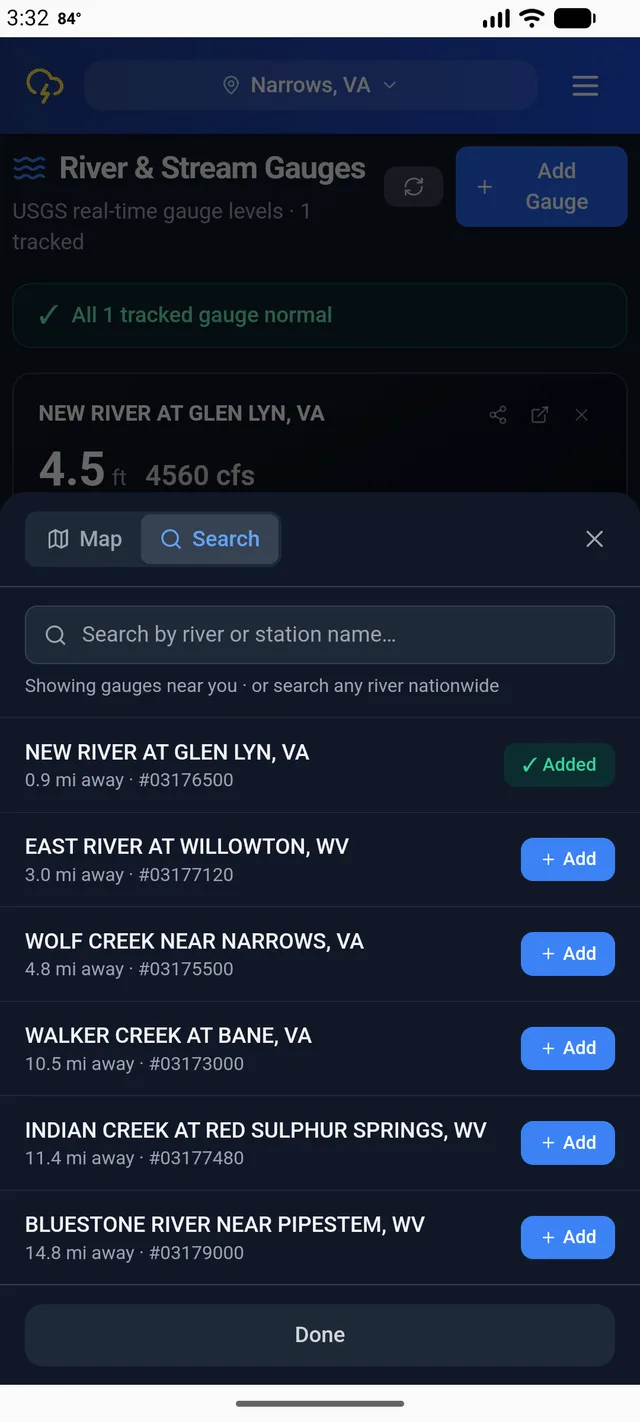StormCast gauge search showing USGS river gauges near Narrows, VA including New River at Glen Lyn, East River at Willowton, and Wolf Creek near Narrows