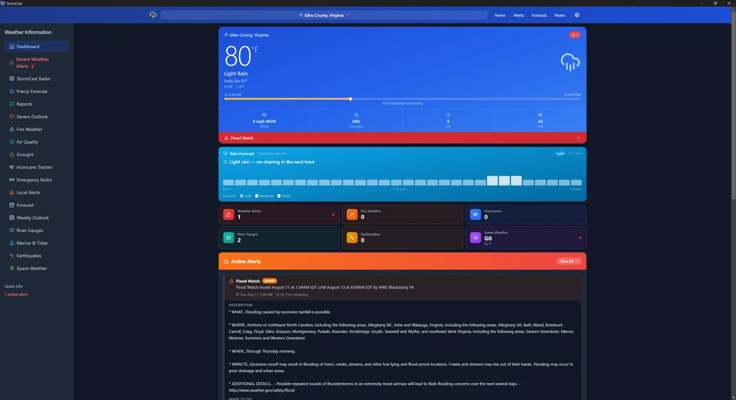 StormCast for Windows dashboard with current conditions and an active Flood Watch alert