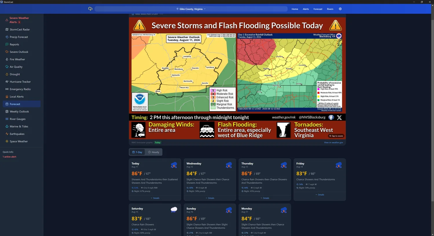 StormCast for Windows forecast page showing an NWS severe weather story graphic
