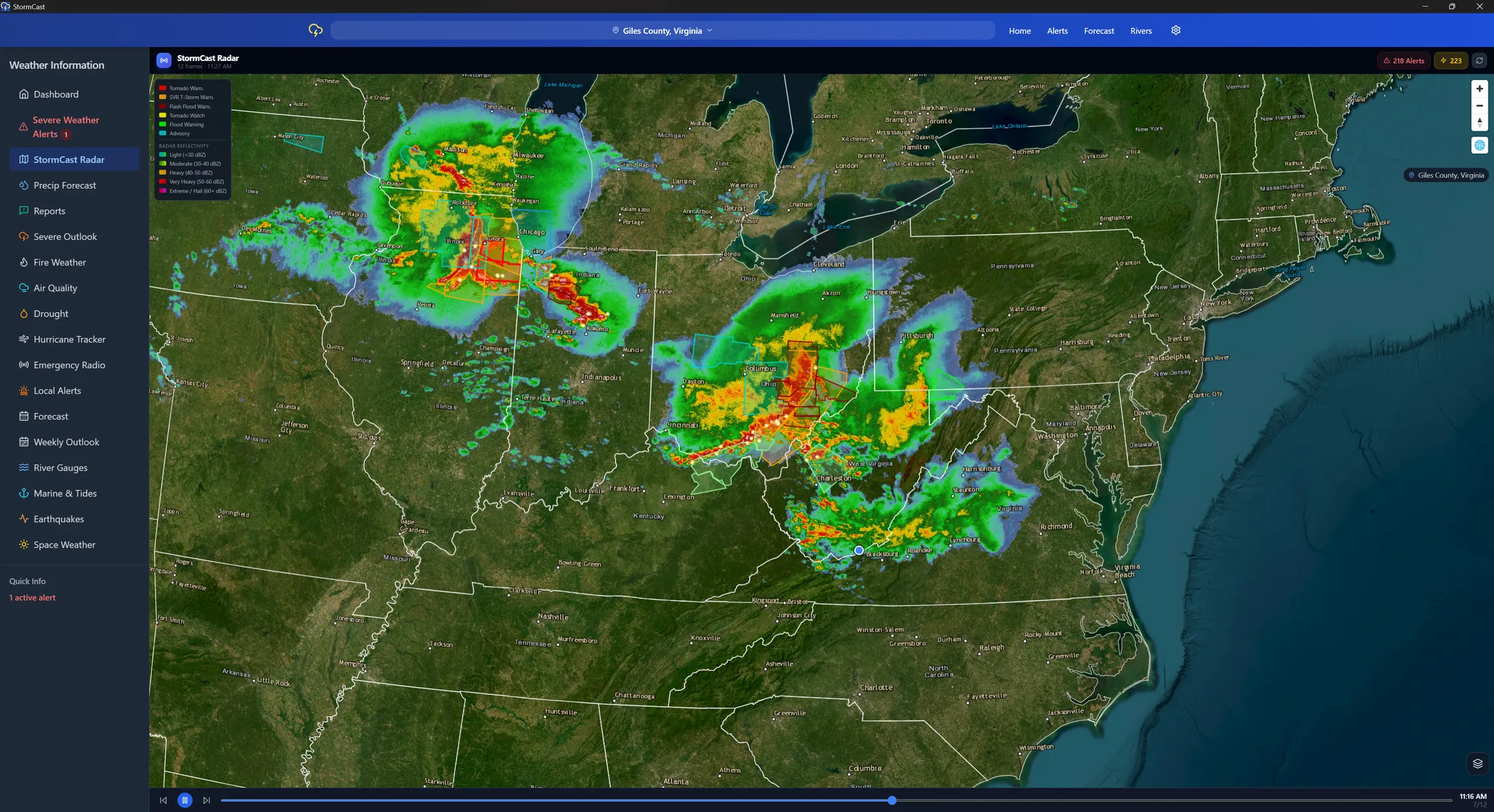 StormCast for Windows live radar showing active storm cells across the Midwest and Mid-Atlantic