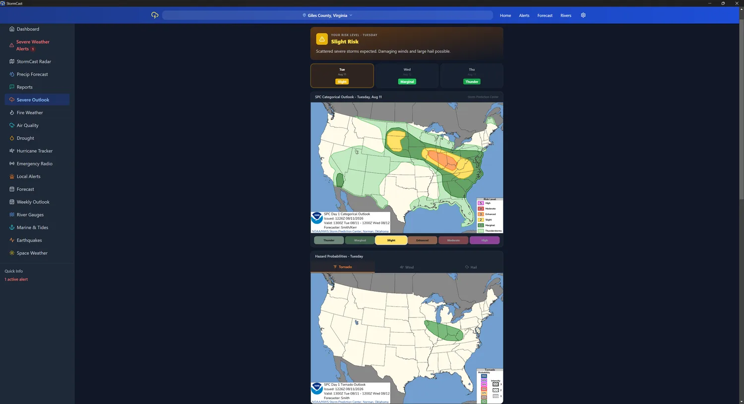 StormCast for Windows severe weather outlook with SPC risk and tornado probability maps